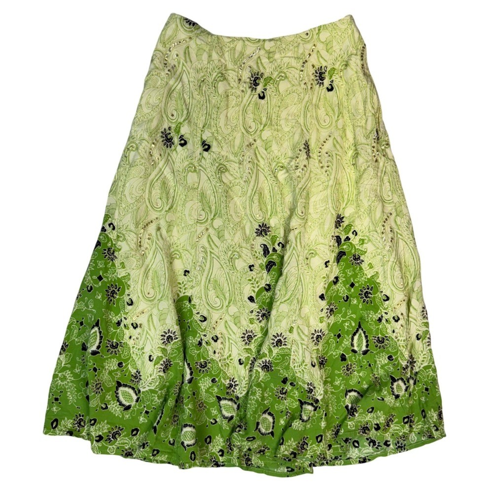 Gado Gado Green Paisley Beaded Sequin Boho Midi Skirt Womens Lined